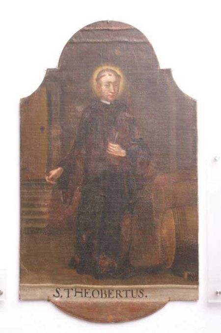 Der Heilige Theobert als Kellermeister der Abtei Tholey. Kellerraum und Weinfässer verweisen auf das Weinwunder des Heiligen. Hochalter  der Kapelle, Gemälde 18. Jahrhundert.